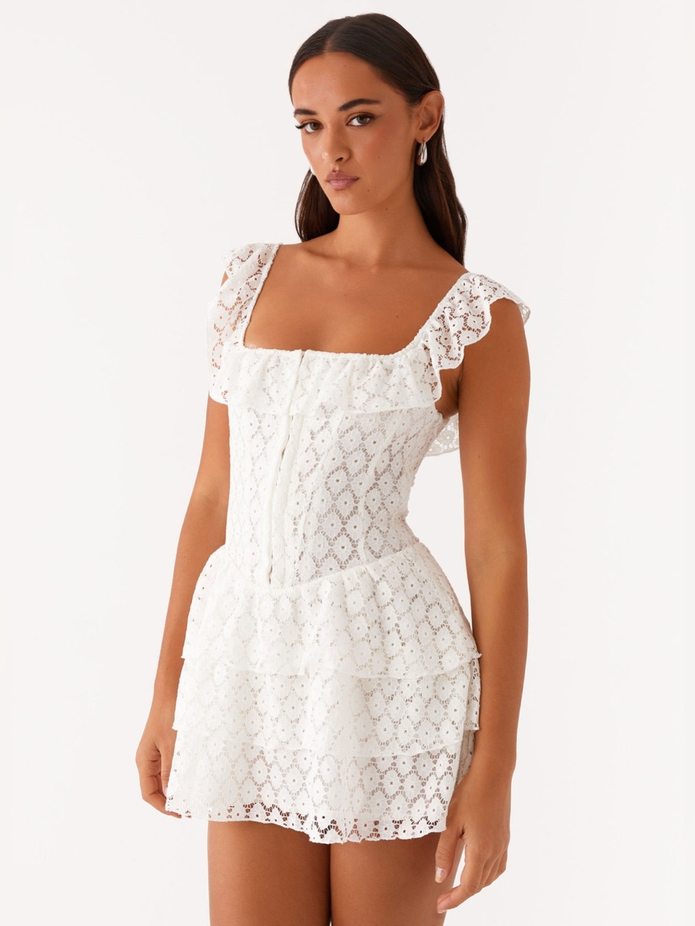 Peppermayo White Lace Tiered Mini Dress with Ruffle Straps